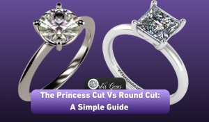 An informative comparison image featuring two rings: on the left, a Round Cut diamond solitaire ring with a sleek band, and on the right, a Princess Cut diamond on a similar band, both against a vibrant purple background, with text overlay 'The Princess Cut Vs Round Cut: A Simple Guide.