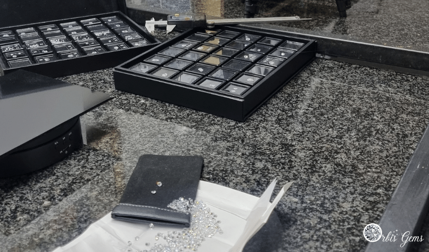 closup of moissanites located at orbis gems phot shoot table