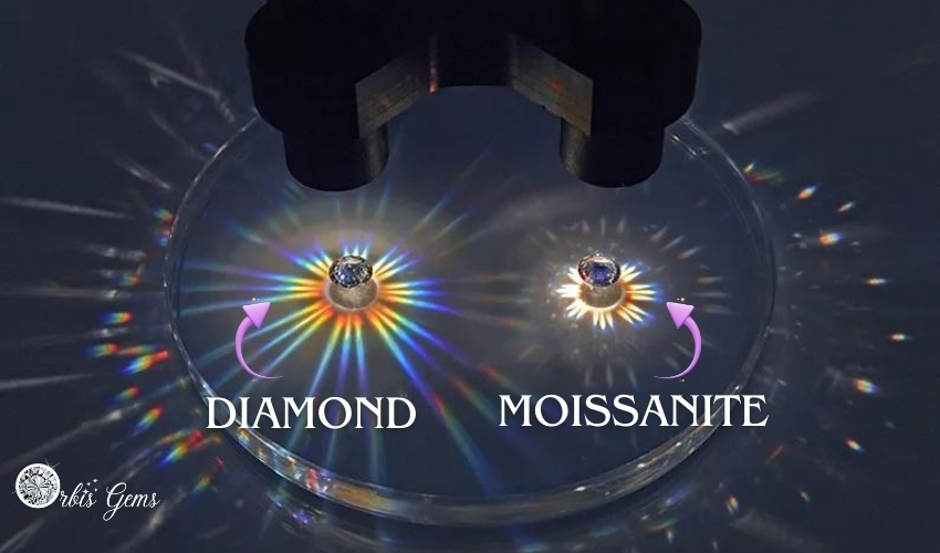 Radiant light refraction from moissanite and diamond gems displayed side by side, illustrating the 'moissanite vs diamond' comparison.