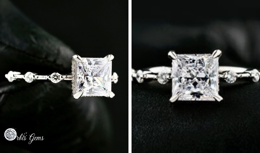 A split view of a princess cut moissanite ring, showcasing its refined beauty and supporting the idea that moissanite is better than diamond.