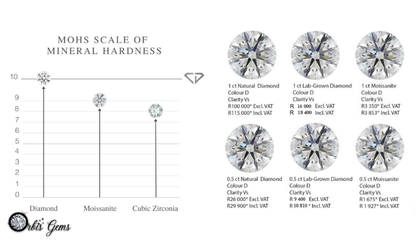 Mohs scale of mineral hardness chart comparing diamond, moissanite, and cubic zirconia with cost comparison, emphasizing moissanite's value over diamond.