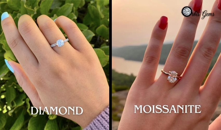 Hands wearing rings with a large gemstone each, labeled diamond and moissanite, against nature backdrops, illustrating the 'moissanite vs diamond' choice.